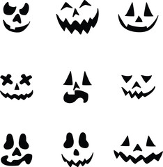 Hand-Drawn Set of Nine Halloween Pumpkin Faces