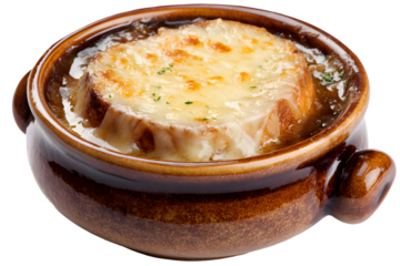 A close-up of rustic French onion soup. A golden-brown cheesy crouton tops the rich broth in a classic crock. Warm, savory, and comforting.
