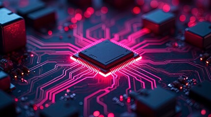Microchip computer chips is prominently displayed with glowing circuits illuminated by red lights, creating a futuristic atmosphere in a technology lab