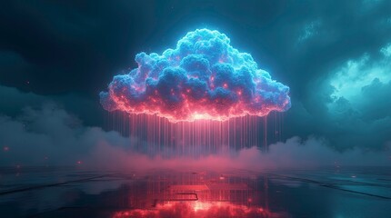 A giant digital cloud floats majestically in the vibrant sky, vividly illuminated, amidst a backdrop of dark swirling clouds and a glowing cityscape at twilight