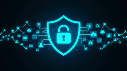 Digital security shield with a lock symbol and surrounding technology icons on a dark blue background - Powered by Adobe