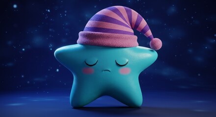 Sweet dreams! This adorable teal star, wearing a striped sleep cap, looks peaceful against a dark blue, starry night.
