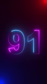  Purple and blue neon number 91 glowing on a black background. Vibrant purple and Blue Neon Number 91 Glowing in Darkness ninety-one numeral.