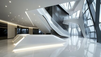 Obraz premium Modern, futuristic interior with white curved structures, stairs, and large windows overlooking cityscape