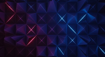 Abstract geometric background with vibrant neon lights.  Deep blue and purple hues create a futuristic, modern feel.