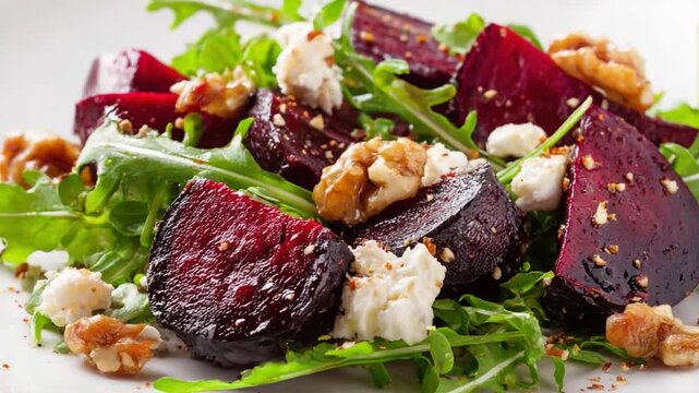 Vibrant Beetroot Salad: A visually stunning and appetizing display of fresh beetroot salad, artfully arranged on a plate. The salad features succulent beetroot slices, tender arugula leaves.