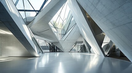 Fototapeta premium Modern, geometric interior. Angular concrete walls and glass ceiling create light-filled, unique space. Architectural design showcased