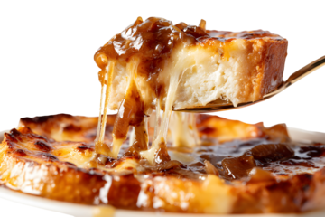 A spoonful of French onion soup with long strands of melted, gooey cheese pulling away, revealing the rich broth and caramelized onions. Appetizing and indulgent.