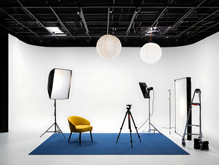 Professional Photography Studio Setup with Elegant Yellow Chair and Advanced Lighting Equipment Ready for Creative Shoots