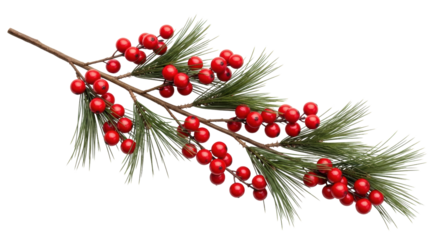 Christmas holly branch with red berries and pine needles  
