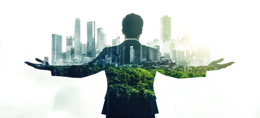 A businessman with a green city in double exposure. The concept of sustainable business, eco-friendly development, and environmental responsibility. Generative AI.