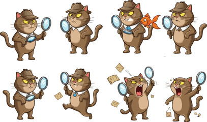 Detective cartoon cat with magnifying glass, investigating clues, funny expressions, mystery solving animal character, crime scene, comic illustration.