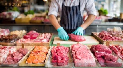 Obraz premium Fresh Cuts of Meat at a Local Market with Butcher Working Behind Counter in Apron and Gloves