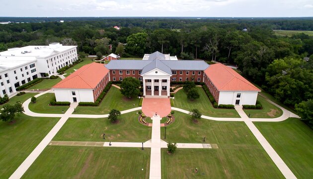 An aerial perspective of a campus featuring multiple buildings with terracotta roofs, situated within a landscape of manicured lawns and pathways.