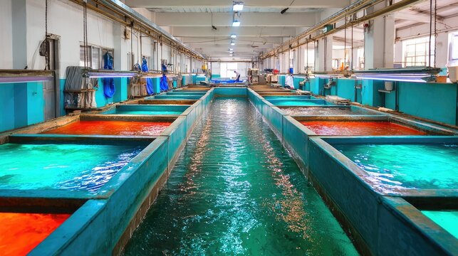 Vibrant Aquaculture Facility with Colorful Water Tanks in a Spacious Indoor Environment