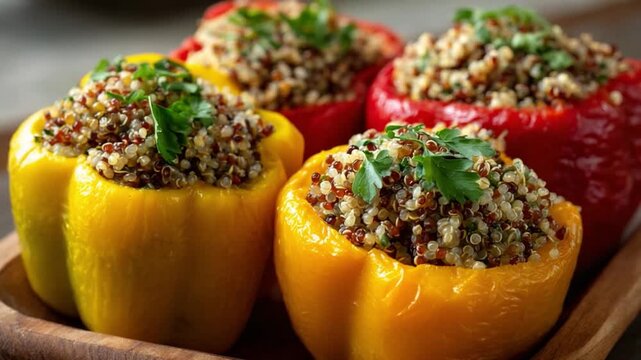 Stuffed Bell Peppers: A mouthwatering assortment of vibrant yellow and red bell peppers filled with a flavorful quinoa mixture, presented on a wooden platter, showcasing culinary art.