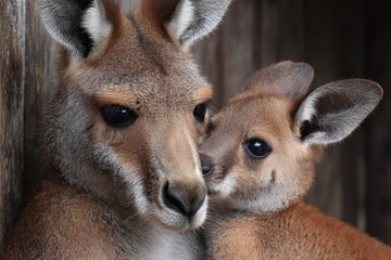 Fototapeta premium Kangaroo with baby in a natural setting showcasing maternal bond during daylight hours