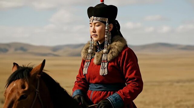Graceful Mongolian Woman in Traditional Red Deel Riding Horse on Vast Steppe, Embodying Central Asian Cultural Heritage