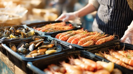 Obraz premium Fresh Seafood Display at Market Stall with Shrimp, Mussels, and Crabs in Takeaway Containers