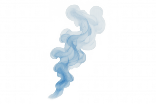 Blue smoke swirling, rising dynamically against transparent backdrop, creating ethereal visual texture with fluid motion and atmospheric depth