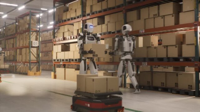 Robotic Worker Walking with a Cardboard Box Inside a Warehouse in a Smart Factory. Humanoid Robot Working in a Logistics Center, Performing Human Tasks with the Help of Artificial Intelligence - Powered by Adobe