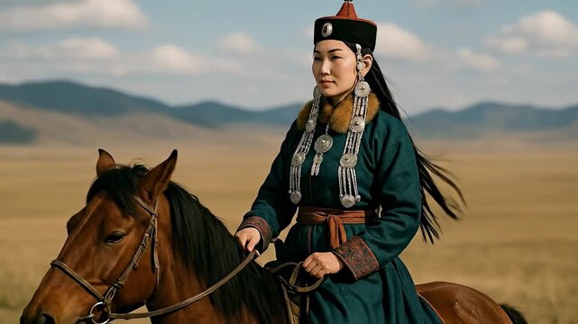 Majestic Mongolian Woman in Traditional Deel Dress and Toortsog Hat Riding Horse Across Vast Steppe Landscape Under Open Sky