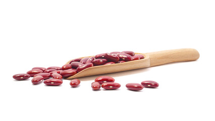 Red kidney beans in wooden scoop isolated on white background