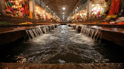 Obraz premium Serene Water Flow in a Vibrant Market with Colorful Flowers and Lively Atmosphere