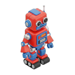 Fototapeta premium A cute, stylized red and blue robot with treads for feet, standing against a white background.