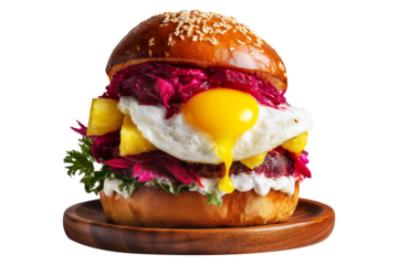 Australia Aussie burger with fried egg, french fry, lettuce, beetroot and sesame bun on wooden plate, isolated on white transparent background