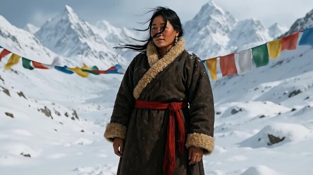 Resilient Woman in Traditional Tibetan Chuba Dress Amidst Snowy Himalayan Mountains with Prayer Flags