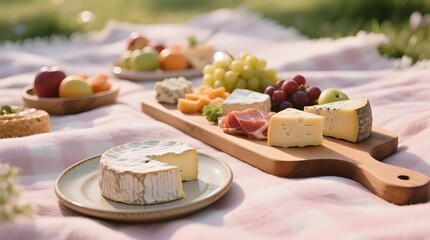 Picnic Cheese Board with Assorted Cheeses and Grapes