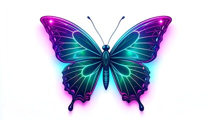Vibrant neon butterfly with dark body and glowing wings against white background