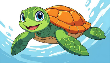 Fototapeta premium Adorable Cartoon Sea Turtle, Happy Expression, Swimming, Bright Colors, Children's Illustration, White Background, Friendly, Cute, Perfect for Kids' Products.