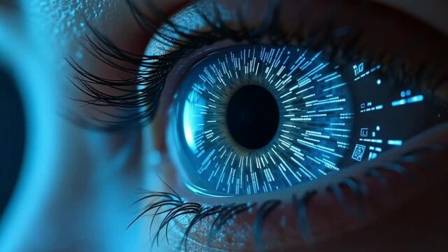 Close up of a futuristic human eye with digital lines and data patterns on the iris area - Powered by Adobe