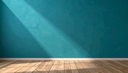 Minimalist Interior Background, Turquoise Sea-Blue Wall with Wooden Floor, Clean Studio Backdrop