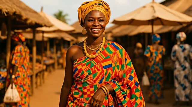 Joyful African Woman in Authentic Ghanaian Kente Cloth Dress and Headwrap at Traditional Market, Showcasing Rich Cultural Heritage and Vibrant Colors