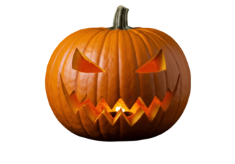 Isolated carved pumpkin with scary face for Halloween celebrations in autumn months
