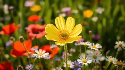 A vibrant field of wildflowers featuring poppies daisies and a prominent yellow flower in focus