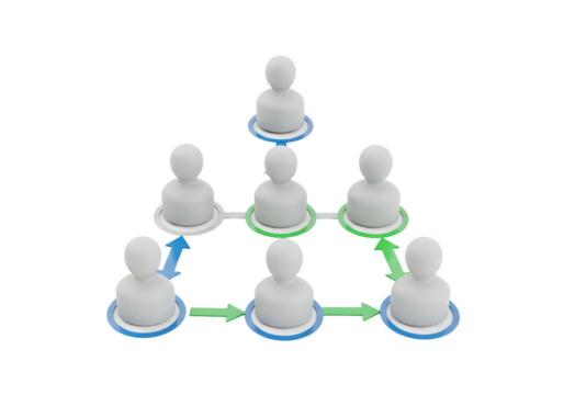 Isolated 3D people in organization flow chart with colorful arrows and connections render