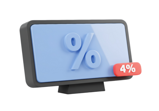 Isolated monitor screen showing a percentage sign and an offer of 4 percent discount
