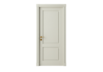 Isolated interior wooden door, with golden handle, in flat design. Close up shot, home decor