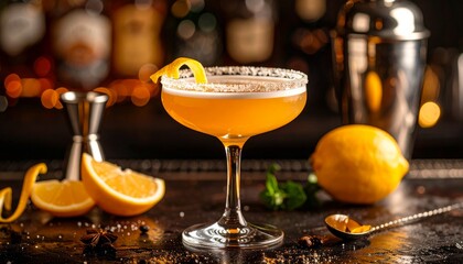 Sidecar cocktail in coupe glass with sugared rim.