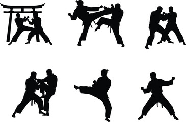Karate fighters training, martial arts combat, self-defense practice, kicking and punching techniques, karate poses, Japanese fighting skills, martial arts silhouettes