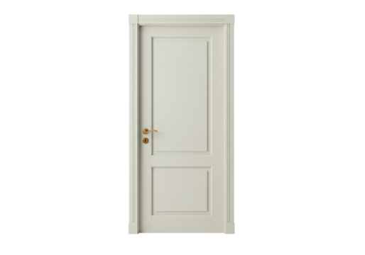 Isolated interior wooden door, with golden handle, in flat design. Close up shot, home decor
