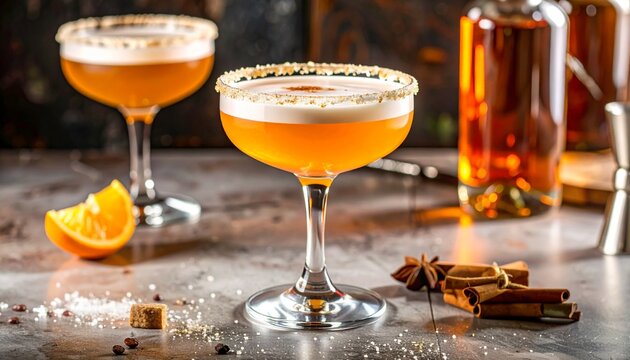 Sidecar cocktail in coupe glass with sugared rim.