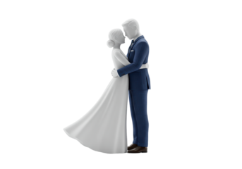 Isolated wedding cake topper figurines embracing each other in formal attire for event cake