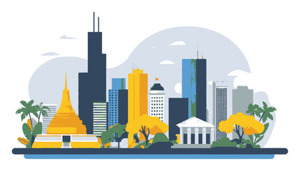 Obraz premium Vibrant Flat Cartoon Cityscape with Modern and Traditional Architecture