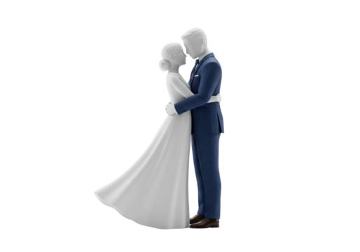 Isolated wedding cake topper figurines embracing each other in formal attire for event cake