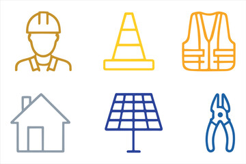 Collection of Construction and Utility Icons Illustrating Labor Safety Home Improvement and Renewable Energy Solutions in Bold Outline Style
